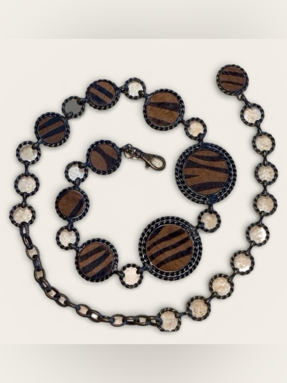 CONCHO BELT 8 tiger print calf hair brass medallions, chain. OSFM VINTAGE